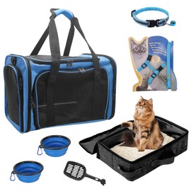 Cat Travel Carrier Kit, Cat Carrier Soft-Sided & Foldable Cat Travel Litter Box with Lid, Fit for Pet Cats or Kittens Up to 20Lbs, 17.7' * 11.8 * 11.8 inches Cat Bag