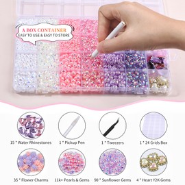 11000PCS Flatback Pearls and Rhinestones for Bedazzling Crafts, 140PCS 3D Flower Charms Big Teardrop Heart Gems for Nail Art, Costume Making, Tumbler Decoration with Tweezer Pickup Pen (Pastel Dream)