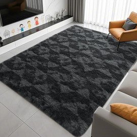 ISEAU 6x9 Area Rug for Living Room, Grey and Black Geometric Pattern Plush Rug for Bedroom, Kitchen, Soft Shaggy Carpets, Fluffy and Machine Washable Mats, Nursery Floors Mat, Boys Room Carpet Decor