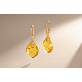 Natural Amber Earrings for Women - Gold Plated Silver Closure 925, Sparkling Polished Drop Amber, Lightweight Natural Semi Precious Stone, Dainty Jewelry for Ladies