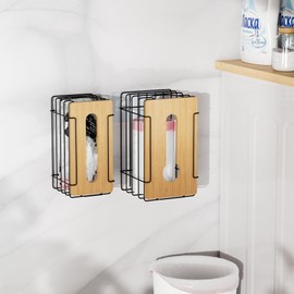 Stylstoreazy 2 Pack Grocery Bag Holder,Wall Mount Plastic/Grocery Bag Storage Organizer with Bamboo Top for Kitchen, Pantry, Under Sink and Garage, Extra Large and Large Black