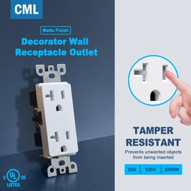 CML 20 Amp Matte White Decorator Receptacle Outlet with Tamper Resistant (TR), 50 Pack Decor Standard Electrical Outlets, 20A/125V, 2-Pole 3-Wire, UL Listed