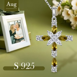JiaYang Sterling Silver Cross Necklace for Women, 12 Birth Stone Colour Cubic Zirconia Double Cross Pendant Faith Jesus Christian Jewellery, Sterling Silver