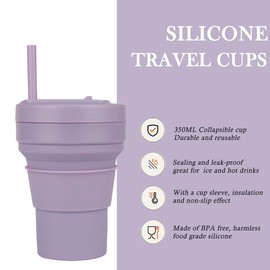 Collapsible Travel Cups- Food Grade Silicone Coffee Cups with Straw Lid 350ml 12oz Lightweight