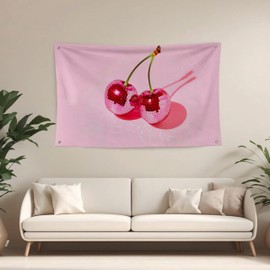 QGFM Preppy Tapestry, Hot Pink Cherry Disco Ball Aesthetic Tapestry Wall Hanging for Teen Girls Room Bedroom College Dorm, Disco Ball Decor, Pink Wall Decor, Preppy Room Decor, 35x59 Inches