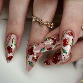 Medium Almond Press on Nails Spring Flower Fake Nails with Designs Cat Eyes False Nails Glossy Ombre Gel Acrylic Nails Full Cover Glue on Nails Summer Floral Stick on Nails for Women 24Pcs