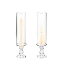 Clear Glass Hurricane Candle Holder Set of 2, 13.8 inch Tall Candlestick Holder for Taper Candles, Hurricane Glass Candle Holders for Table Centerpiece Wedding Party Dining Event Decor
