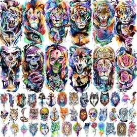 LAROI 55 Sheets Watercolor Temporary Tattoos For Women Men Arm Adults Kids, Waterproof Realistic Temp Water Transfer Tattoo Stickers, Animals Tiger Wolf Skull Skeleton Lion Flower Water Color Tattoos