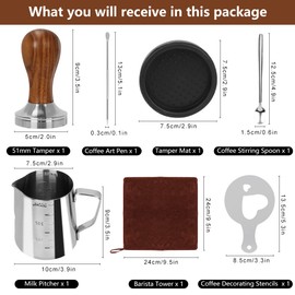 Y-Step 22 PCS Coffee Tamper Set, Espresso Accessories Kit Barista Kit, with Espresso Tamper 51mm, Frothing Pitcher, Tamper Mat, Latte Art Pen, Coffee Stirrer, Sandalwood Tamper for Espresso Machine