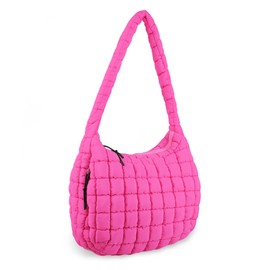 Quilted Puffer Tote Bag for Women,Large Puffy Crossbody Shoulder Bag Lightweight Nylon Hobo Bag with Zipper,Purse Puffy Quilted Carryall Bag Soft Oversized Padding Handbag for Daily Travel(Rose Red)