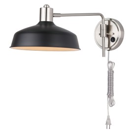 Canarm Bello 1-Light Wall Lamp, 10-Inch Black and Silver with Metal Shade, Plug-in Task Lighting for Office, Bedroom or Living Room