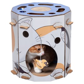 Furhaven Cardboard Hideout w/ Catnip for Indoor Cats, Ft. Scratching Pad, Ball Track, & Toys - Kitty Hideaway Corrugated Cat Scratcher House - Cat Print, One Size