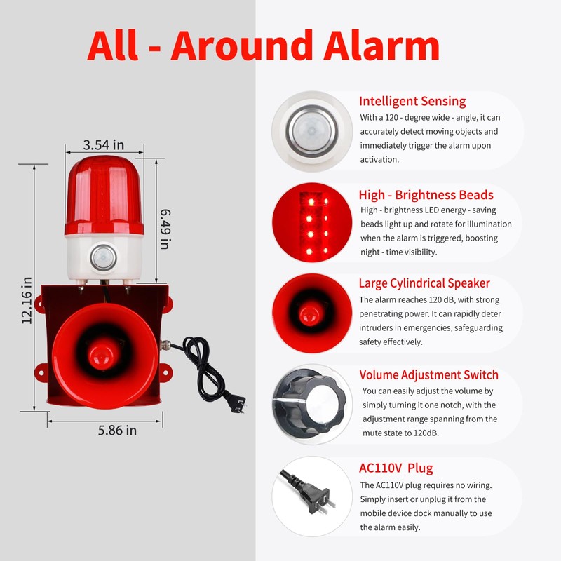 Motion Sensor Alarm with Human Detection,120dB Adjustable Siren & LED