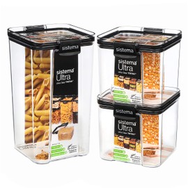 Sistema Tritan Airtight Pantry & Kitchen Storage Containers | 3 Square Plastic Food Containers with Lids (1x 1.3 L + 2x 700 ml) | Stackable | with Locking Clips | BPA-Free