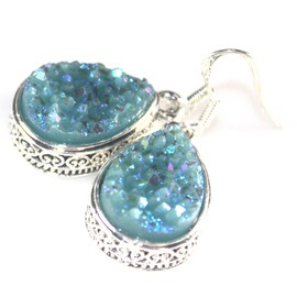 SILVER Vintage Style Sky Blue Rainbow Titanium Druzy Teardrop Earrings