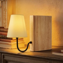 AELS Wooden Bookshelf Lamp with Bulb, Cordless Touch Dimmable Table Lamp with Linen Fabric Shade, Battery Operated, Modern Decorative Bookend, Book Sconce for Office Home Bedroom Bookshelf, Natural