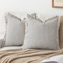 YEENAASY Striped Farmhouse Throw Pillow Covers 18X18 Set of 2 Boho Pillow Cover with Fringe Tassel Chic Cotton Decorative Pillows Modern Neutral Square Cushion Pillowcase for Sofa Couch Bed, Black