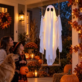 Hanging Swing Ghost Halloween Decoration with String Lights – Cute White Spooky Ghost Ornament for Porch, Yard, Garden and Trees