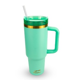 Obiatar 40oz Stainless Steel Travel Tumbler With Gold Accent| Double-Wall Vacumm Insulated Tumbler With Straw, Lid & Handle (Green)