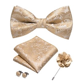 JEMYGINS Men's Paisley Bow Tie Set Including Pocket Square Cufflinks and Boutonniere Suitable for Wedding Banquets and Parties, champagne gold