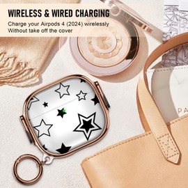 Maxjoy for Cute AirPods 4 Case 2024 with Safety Lock,Compatible Black Five Pointed Star AirPod 4th Generation Case for Women Girly with Keychain-Transparent