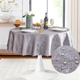 Jacquard Round Tablecloth 70 Inch Grey Tablecloth Leaves Pattern Scalloped Edge Silky Soft Table cloth Waterproof Wrinkle Resistant Washable Table Cover for Dining Tabletop Party Banquet Patio Decor
