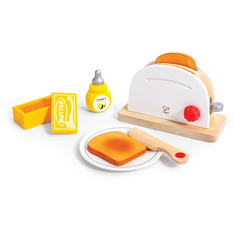 Hape White Wooden Pop-Up Toaster Set Pretend Play Breakfast Accessories