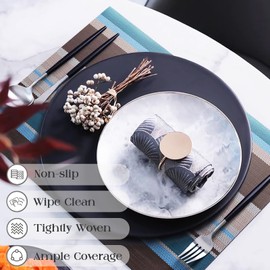 Elistonie Set of 6 Colorful Striped Vinyl Placemats Heat-Resistant Washable Placemats Non-Slip Woven Table Mats Wipeable Placemat for Kitchen Dining Table Decoration Indoor Outdoor (Blue&Brown)