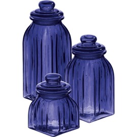 Cypress Home Navy Blue Glass Canister | Set of 3 Jars | Cereal Grain and Food Containers | Decorative Home Storage Décor for Kitchen and Pantry