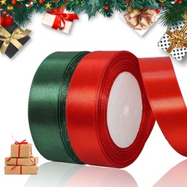 BUENTYA 2 Rolls Satin Ribbon, 25mm Red and Green Ribbon Christmas Ribbon for Gift Wrapping, Double Sided Christmas Ribbon Fabric for Crafting Xmas Tree, Crafts, Valentine's Day(25 mm x 25 Yards)