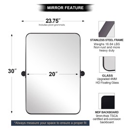 ANDY STAR 20"x30" Matte Black Pivot Mirror for Bathroom, Metal Frame Bathroom Mirrors for Wall，Rectangle Titling Vanity Wall Mirror with Rounded Corner Design Hangs Vertically Only