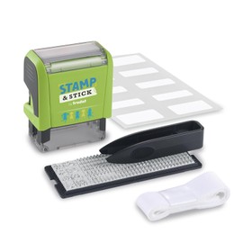 Sello textil DIY Trodat Stamp and Stick, kit con etiquetas, cinta para ropa y set de letras, números e iconos, 3 líneas de texto, altura 4mm, tinta negra