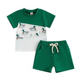 Zukmuk 2 Stück Kinder Sommerkleidung Neugeborene Kurzarm Ente Stickerei T-Shirt und Shorts Set Kleidung Kinder Anzüge Kinderkleidung, Grün A, 12-18 Monate