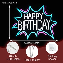 LIUOZHTEA Happy Birthday Neon Sign Dimmable Celebrate Birthday Neon Light Powered by USB Gleaming LED Happy Birthday Lignt Up Sign for Birthday Paty Decoration Bedroom Birthday Gifts(16.7”*12.8”)