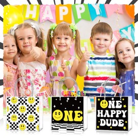 Teenyyou 24 Pcs One Happy Dude Clear Gift Bags with Handles One Happy Dude Party Favor PVC Goodie Treat Candy Tote Plastic Gift Bags for 1st Birthday Party Decor