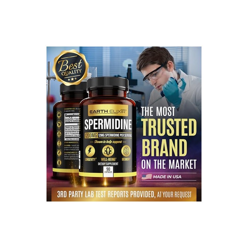 Earth Elixir Suplementos Espermidina 1200 Cápsulas Fabricado Estados Unidos Pureza