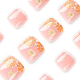 24 Pcs White French Press On Toenails Short,LINMEIZAI Summer Pink Toe Nails Press Ons for Women Press On Toe Nail Tip with Tool Fake Nails Full Cover False Toenails with Small Yellow Flowers Design