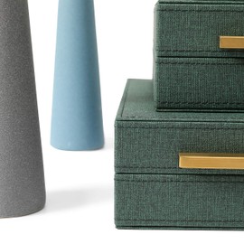 Kingflux Faux Leather Set of 3 Pcs Decorative Boxes , Storage Boxes Linen Fabric Texture For Jewelry Organizer, Men's Accessory Organizer (Green)