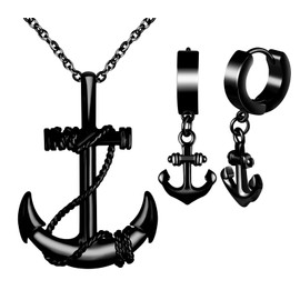 INFINIONLY Men's Stainless Steel Necklaces and Earrings Jewellery Sets Vintage Chains with Anchor Pendant for Teenagers Fashion Anchor Hoop Earrings for Boys Women