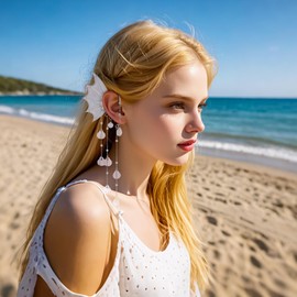 FRESHME Fairy Elf Ear Cuffs - Mermaid Ears Non Piercing Silver Elven Ear Climbers with Shell Tassel Auricular Fins Earrings Renaissance Renfaire Dress Up Cosplay Accessories for Women Adult