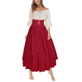 Mingyuezai Women Renaissance Costume Medieval Victorian High Waisted Button Skirt Set(L,Z2880RDST)