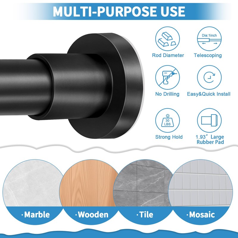 ZYRW Black Shower Curtain Rod 36-68 Inches (3-5.6ft) Non Rust
