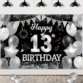13th Birthday Decoration Girls Boys - Happy 13th Birthday Banner Background Black Silver Extra Large Fabric Birthday Banner for Children 13 Years Indoor Outdoor (180 x 110 cm)