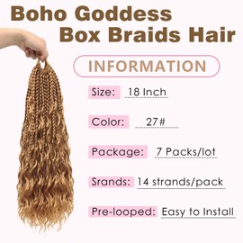 Eeanno Goddess Box Braids Crochet Hair 18 Inch 7 Packs Honey Blonde Boho Crochet Braids for Women Pre Looped Crochet Box Braids with Curly Ends (18 Inch, 27#)