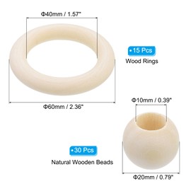 PATIKIL Natural Wood Rings and Unfinished Wooden Beads Set, 15Pcs 60mm Wood Hoop & 30Pcs 20mm Wood Color Round Loose Beads for DIY Pendant Connectors Jewelry Making Macrame Wall