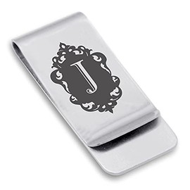 Comfort Zone Studios Stainless Steel Royal Crest Letter J Initial Classic Slim Money Clip Credit Card Holder, Silver