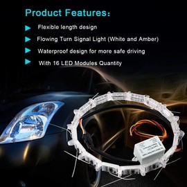 GrandviewTM 2pcs Flexible Car Led Strip, Crystal DRL Led Lights Daytime Running Light Flowing Turn Signal Light Headlight White/Amber Fog Lamp 12V