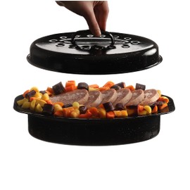 GOURMEX Small 7lb Black Oval Ceramic Enamel Coated Roasting Pan | Dutch Oven Pot with Lid | Dishwasher Safe, Oven Safe, Freezer Safe | Ideal for Chicken, Turkey Roasting Pan (Small)