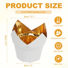 uxcell 50 Pcs Tulip Baking Cups Cupcake Muffins Liners Aluminum Foil Paper Greaseproof Wrappers for Weddings Birthday Party Festivals Christmas, Gold/White