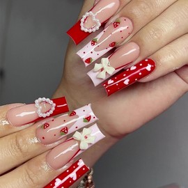 Press on Nails Long Square Artificial False Nails with Strawberry Pattern and Bow Tie Pearl Design Cute French Acrylic Nails Full Cover Reusable Coffin Fake Nails Glue on Nails for Women 24Pcs